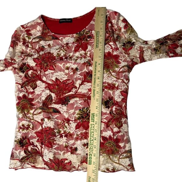 Y2K Vintage‎ Brittany Black Women's L Floral All Over Top Lace Mesh Red White - Picture 7 of 8